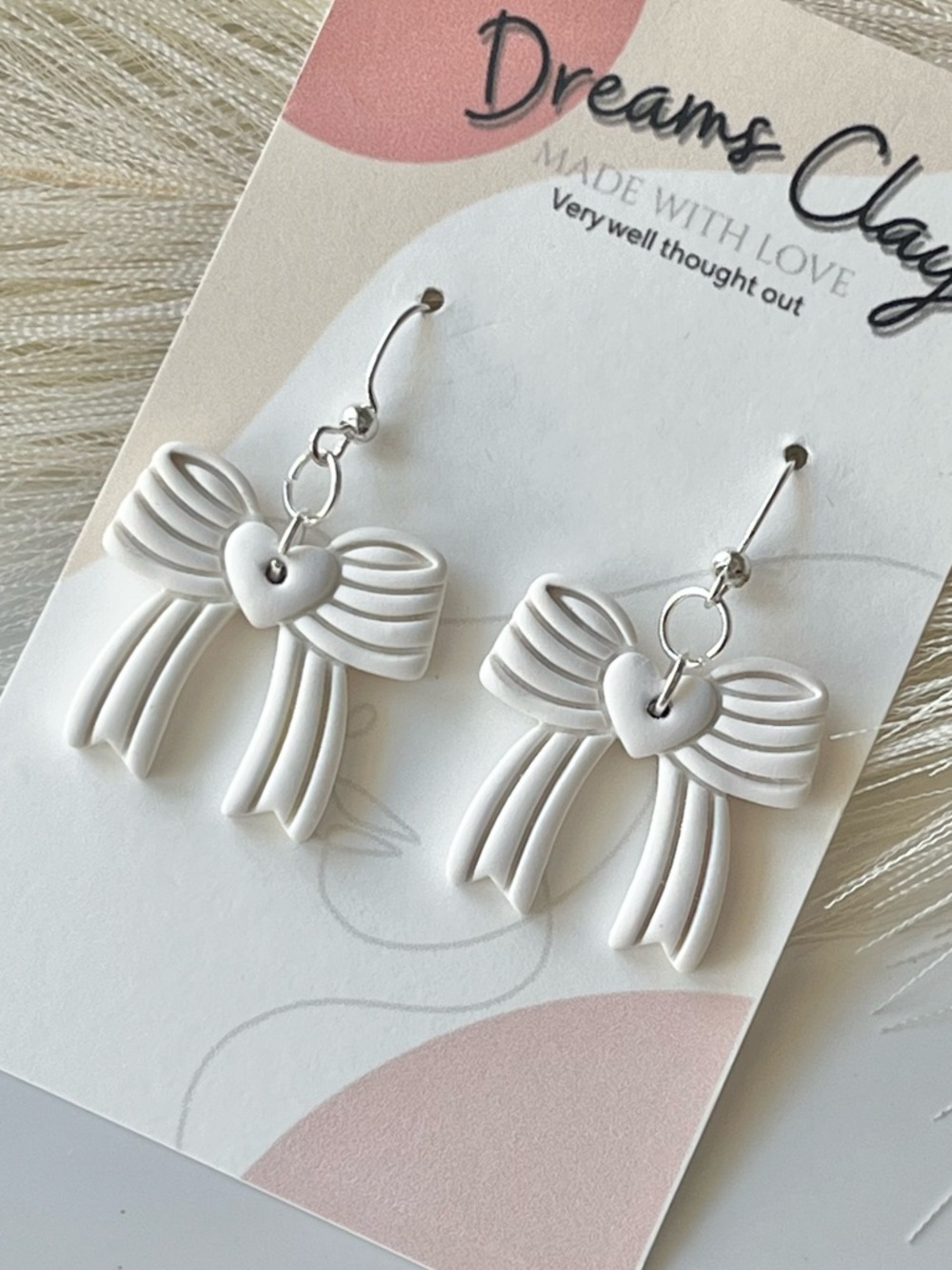 White Heart Bow Dangle Earrings